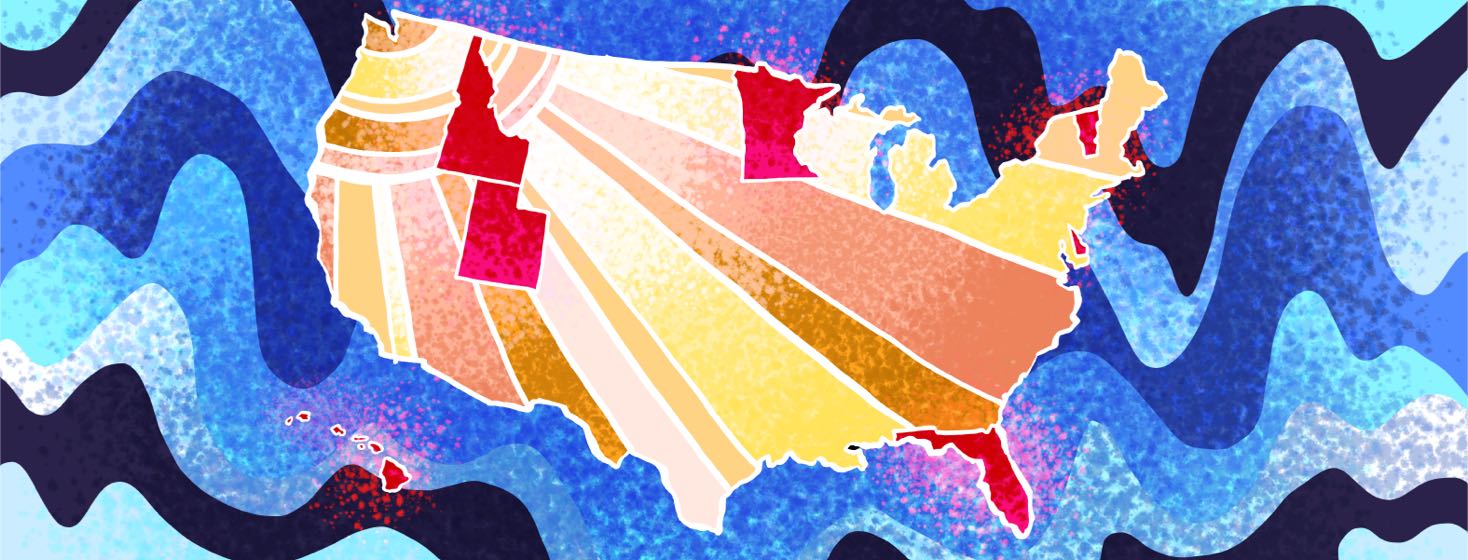 A map of the United States with highlighted outlines on states with high skin cancer rates - Idaho, Utah, Hawaii, Minnesota, Vermont, Delaware, and Florida.